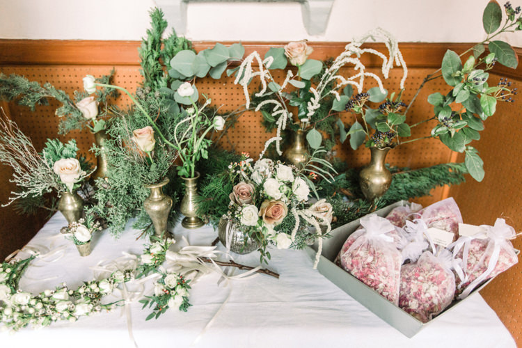 Foliage Bras Vases Confetti Table Pastel Peach Roses Enchanted Magical Snowy Wedding https://www.thegibsonsphotography.co.uk/