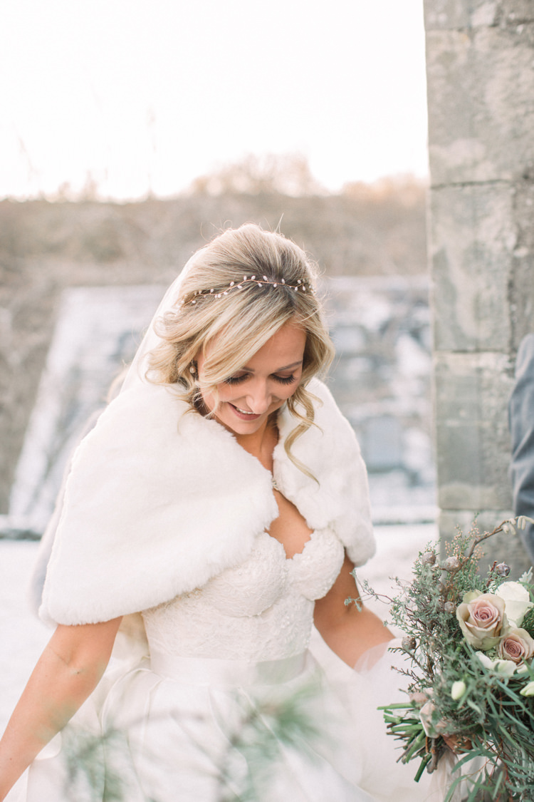 Bride Bridal Sweetheart Neckline Hair Piece Lace A Line Faux Fur Stole Cape Enchanted Magical Snowy Wedding https://www.thegibsonsphotography.co.uk/