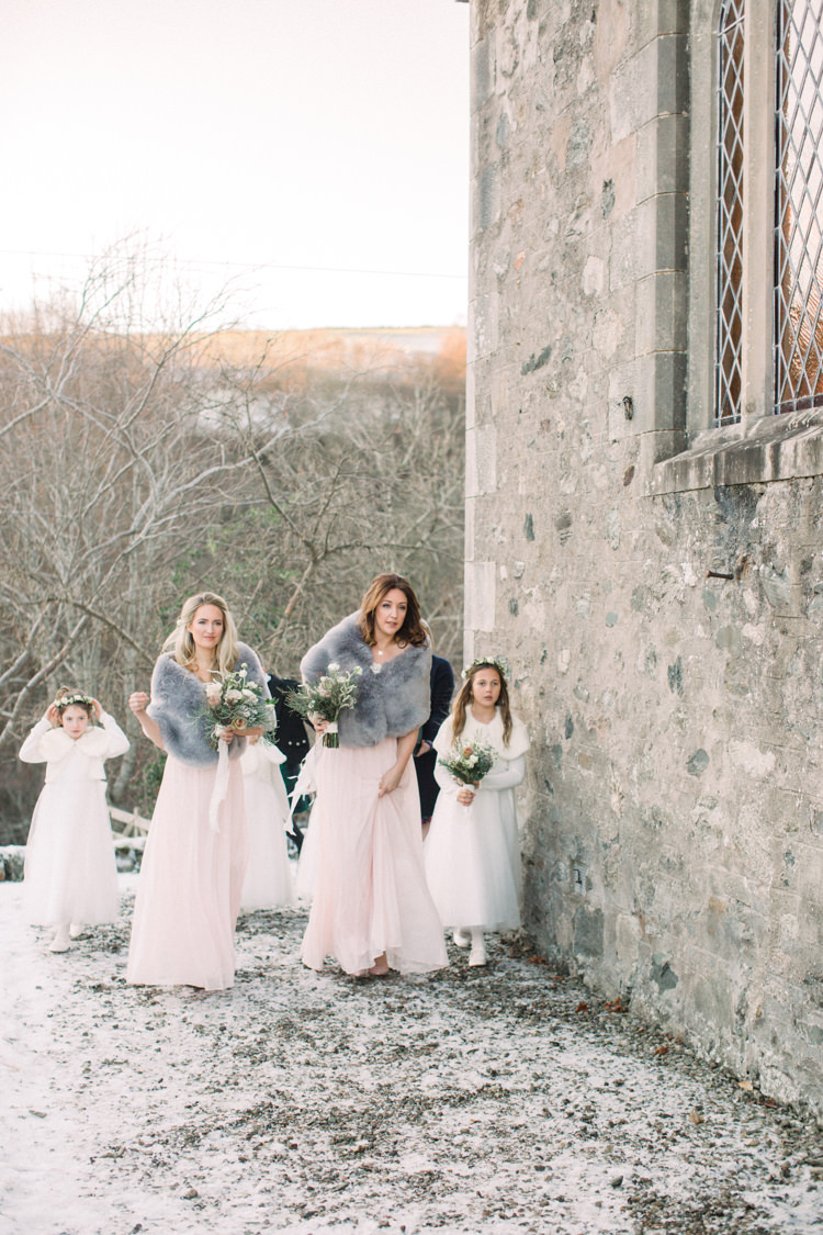 Bridesmaids Flower Girls Pink Dress Blush Grey Faux Fur Stole Full Length Enchanted Magical Snowy Wedding https://www.thegibsonsphotography.co.uk/