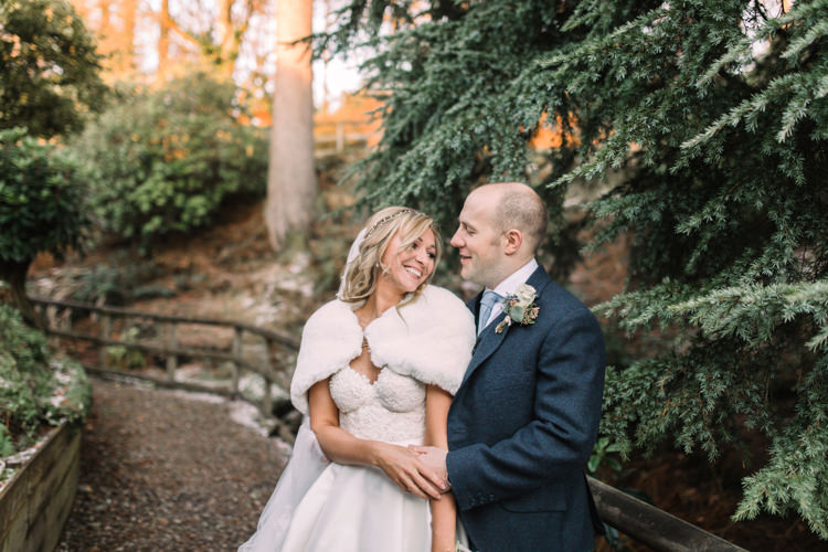 Bride Bridal Sweetheart Neckline Hair Piece Lace A Line Faux Fur Stole Cape Tartan Trousers Groom Three Piece Waistcoat Tweed Jacket Enchanted Magical Snowy Wedding https://www.thegibsonsphotography.co.uk/