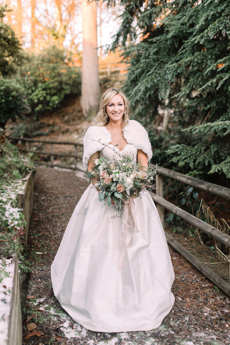 Bride Bridal Sweetheart Neckline Hair Piece Lace A Line Faux Fur Stole Cape Bouquet Peach Pastel Enchanted Magical Snowy Wedding https://www.thegibsonsphotography.co.uk/