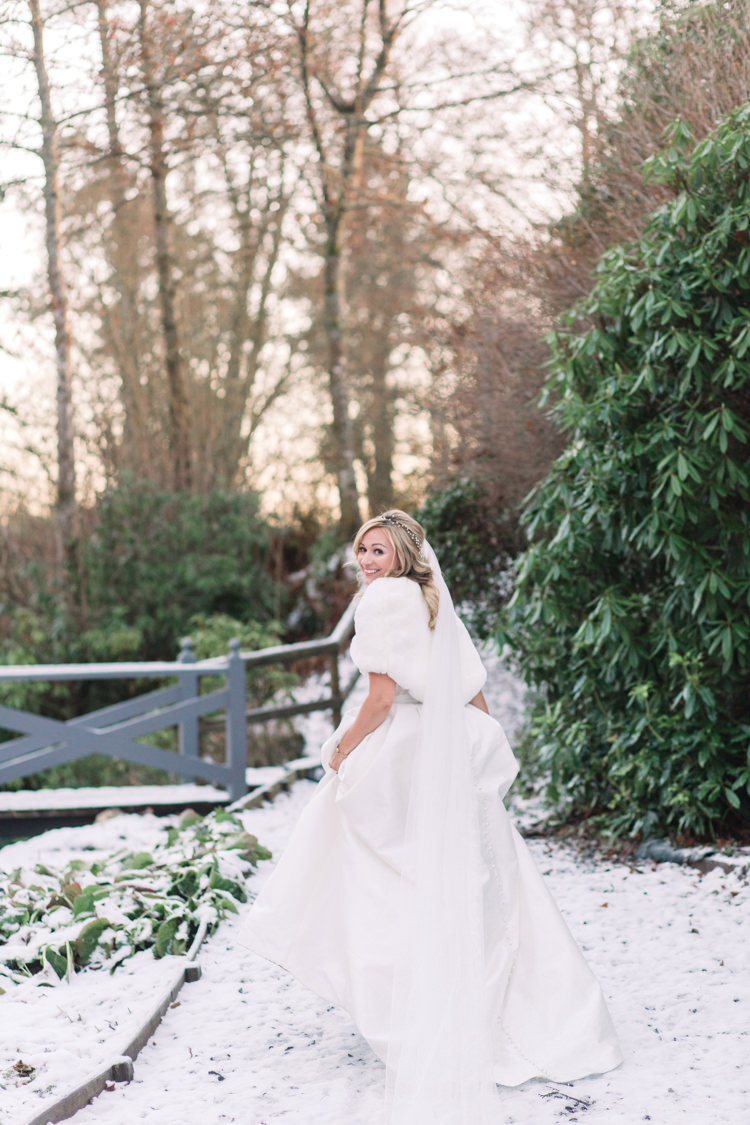 Bride Bridal Sweetheart Neckline Hair Piece Lace A Line Faux Fur Stole Cape Enchanted Magical Snowy Wedding https://www.thegibsonsphotography.co.uk/