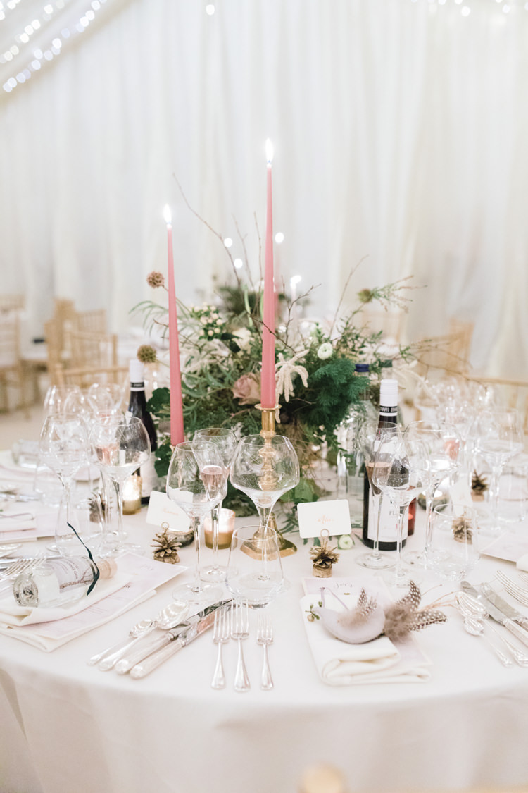Table Setting Tablescape Pastel Pink Candlestick Foliage Enchanted Magical Snowy Wedding https://www.thegibsonsphotography.co.uk/