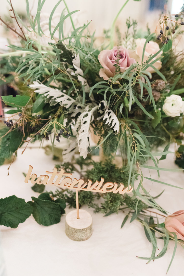 Table Name Foliage Pink Rose Laser Cut Log Wood Enchanted Magical Snowy Wedding https://www.thegibsonsphotography.co.uk/