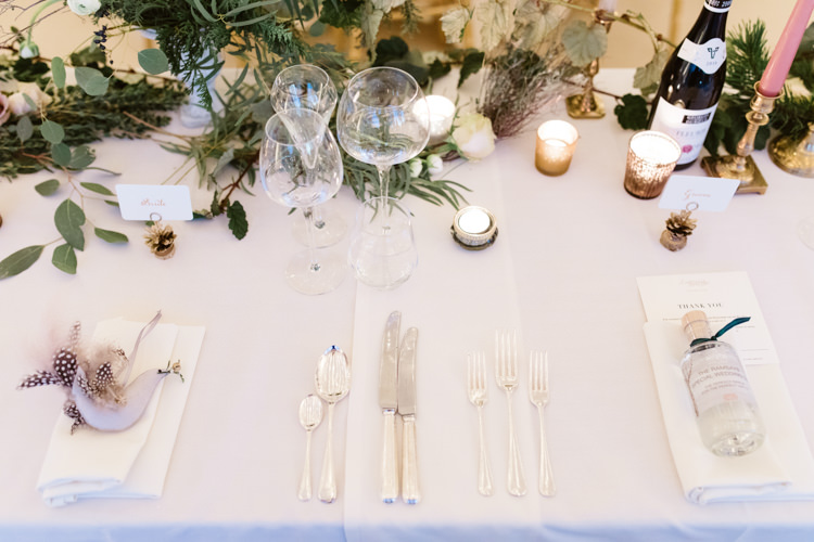 Table Setting Tablescape Pastel Candlestick Foliage Eucalyptus Enchanted Magical Snowy Wedding https://www.thegibsonsphotography.co.uk/