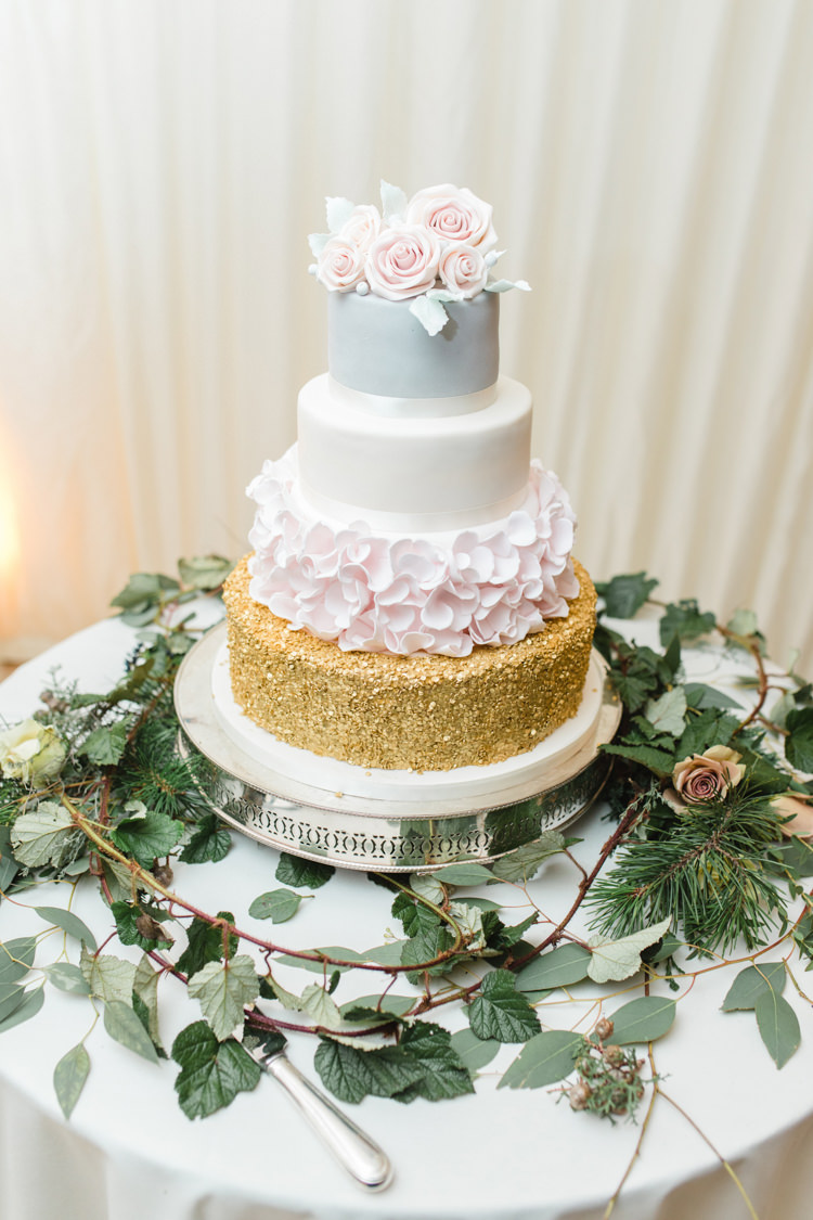 Cake Table Gold Pastel Sugar Rose Sparkly Grey Stand Foliage Enchanted Magical Snowy Wedding https://www.thegibsonsphotography.co.uk/