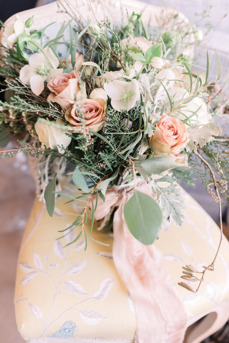 Bride Bridal Bouquet Pastel Peach Rose Eucalyptus Foliage Enchanted Magical Snowy Wedding https://www.thegibsonsphotography.co.uk/