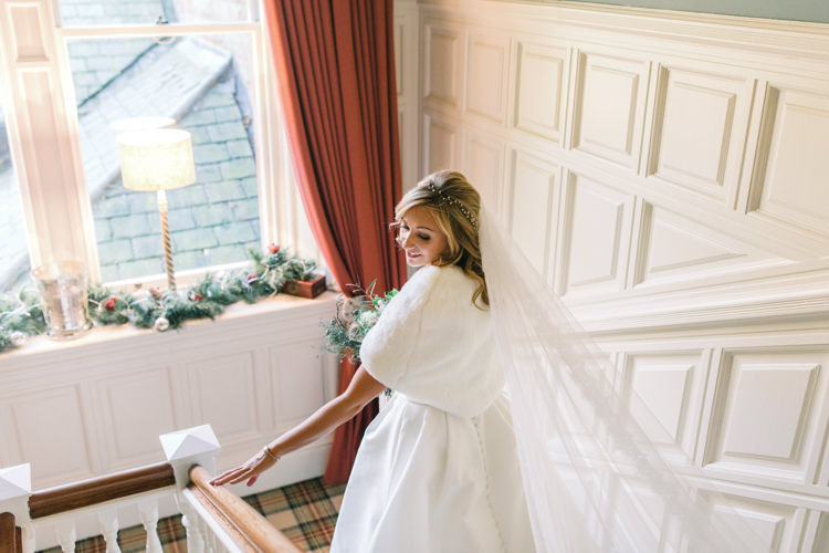 Bride Bridal Sweetheart Neckline Hair Piece Lace A Line Faux Fur Cape White Cathedral Veil Enchanted Magical Snowy Wedding https://www.thegibsonsphotography.co.uk/
