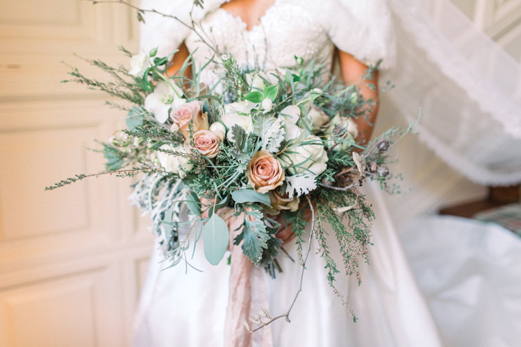 Bouquet Rose Peach Rose Eucalytpus Foliage Bride Bridal Sweetheart Neckline Hair Piece Lace A Line Enchanted Magical Snowy Wedding https://www.thegibsonsphotography.co.uk/