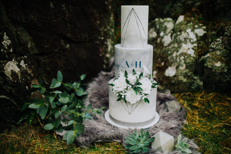Marble Cake Geometric Initials Letters Ocean Clifftop Elopement Wedding Ideas North Wales https://www.claracooperphotography.com/