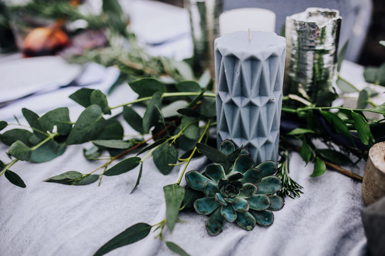 Tablescape Decor Grey White Greeenery Candles Foliage Fabric Ocean Clifftop Elopement Wedding Ideas North Wales https://www.claracooperphotography.com/