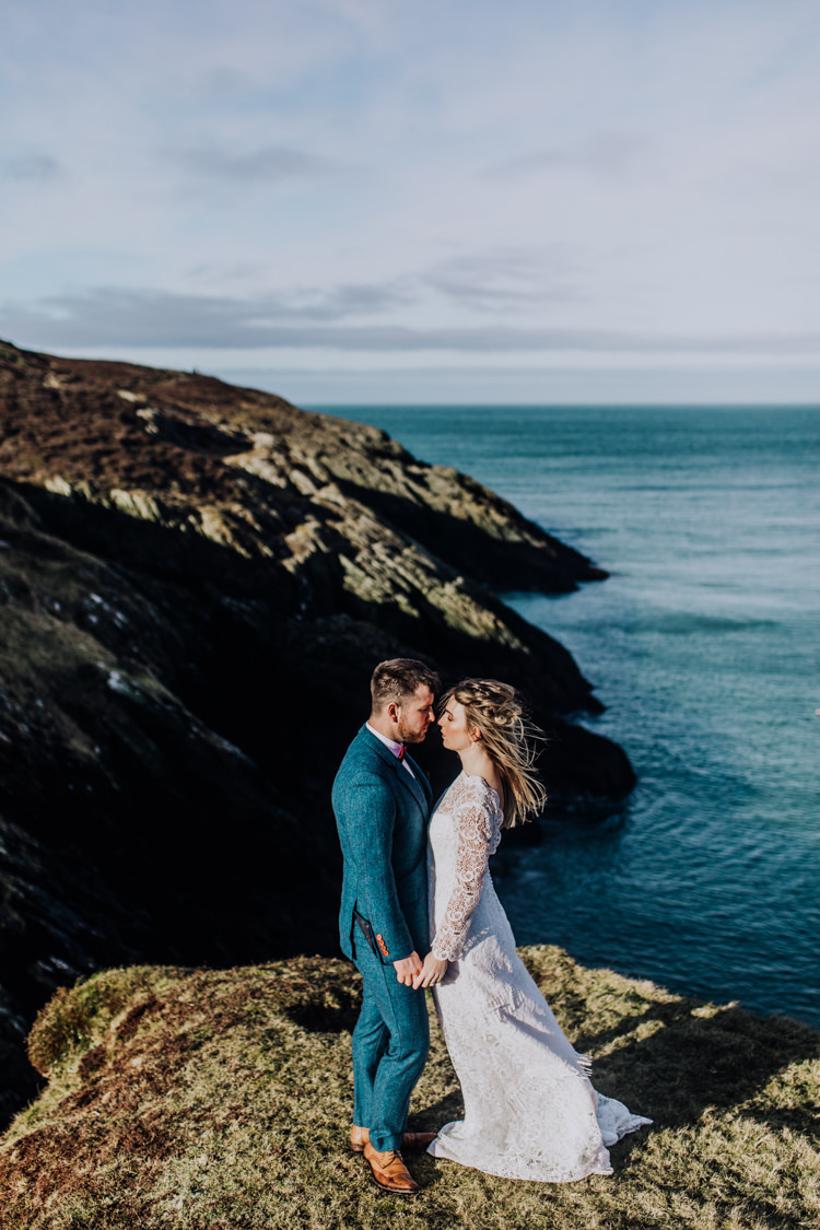 Blue Suit Groom Bow Tie Ocean Clifftop Elopement Wedding Ideas North Wales https://www.claracooperphotography.com/