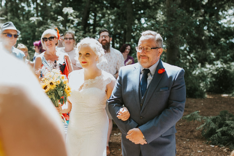 Field Outdoor Garden Woodland Hippie Summer Tipi Ceremony Bride Father Aisle Sunflower Bouquet | Happy Outdoor Forest Mustard Yellow Wedding http://suzi-photography.com/