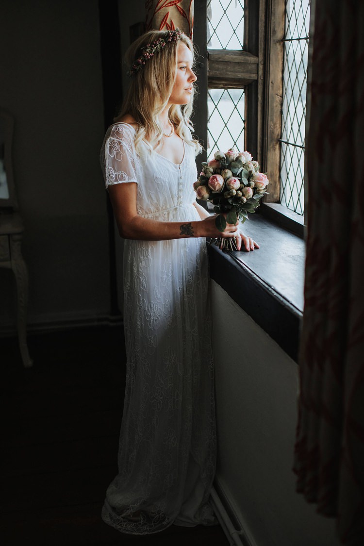 1970s Vintage Dress Bride Bridal Lace Sleeves Buttons Rustic Homespun Country Chapel Barn Wedding Sussex http://www.olegssamsonovsphotography.com/