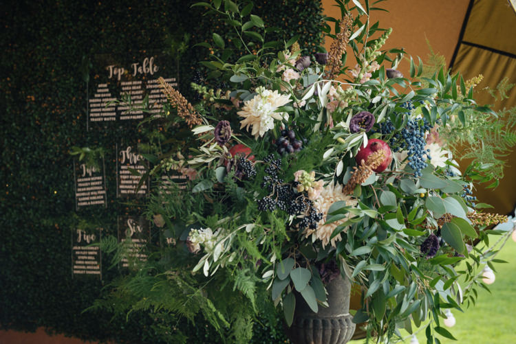 Ruscus Greenery Foliage Berries Fruit Dahlia David Austin Roses Flowers Pedestal Pretty Blush Floral Tipi Wedding Ideas https://www.sarahvivienne.co.uk/