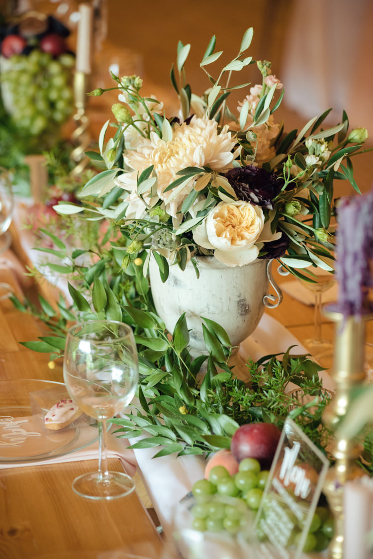 Ruscus Greenery Foliage Berries Fruit Dahlia David Austin Roses Flowers Pretty Blush Floral Tipi Wedding Ideas https://www.sarahvivienne.co.uk/