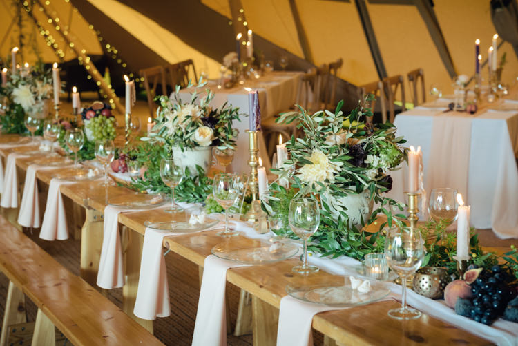 Ruscus Greenery Foliage Berries Fruit Dahlia David Austin Roses Flowers Tables Candles Blush Floral Tipi Wedding Ideas https://www.sarahvivienne.co.uk/