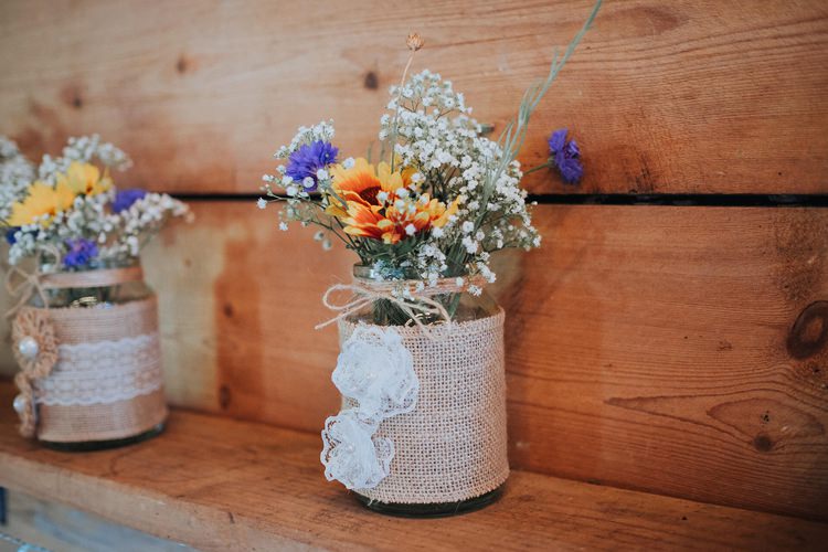 Flowers Jars Hessian Burlap Twine Rustic Homespun Country Chapel Barn Wedding Sussex http://www.olegssamsonovsphotography.com/