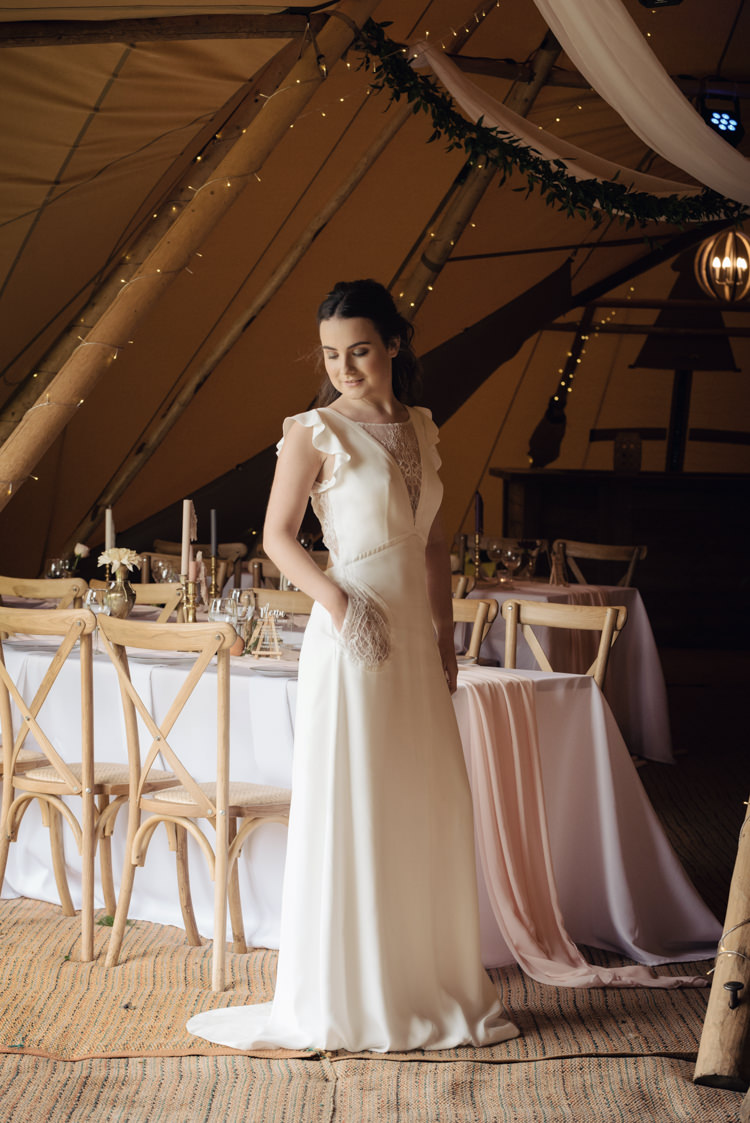 Bride Bridal Dress Gown Cap Sleeves Silk Lace Pretty Blush Floral Tipi Wedding Ideas https://www.sarahvivienne.co.uk/