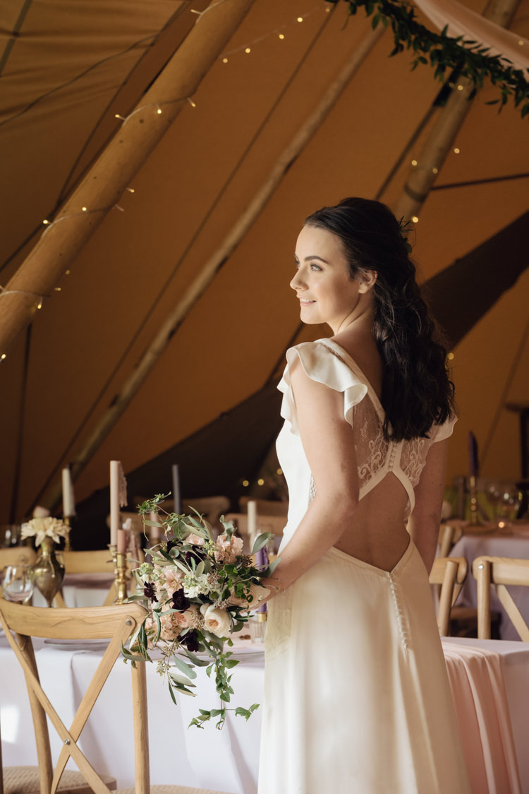 Bride Bridal Dress Gown Cap Sleeves Silk Open Back Low Pretty Blush Floral Tipi Wedding Ideas https://www.sarahvivienne.co.uk/