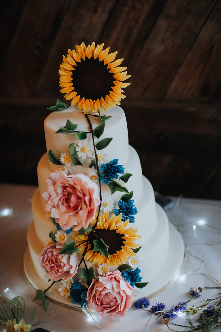 Cake Iced Sugar Flowers Sunflower Rustic Homespun Country Chapel Barn Wedding Sussex http://www.olegssamsonovsphotography.com/