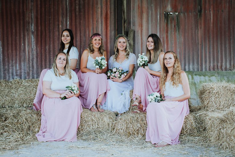 Bridesmaids Pink Skirts White Tops Flowers Bouquets Rustic Homespun Country Chapel Barn Wedding Sussex http://www.olegssamsonovsphotography.com/