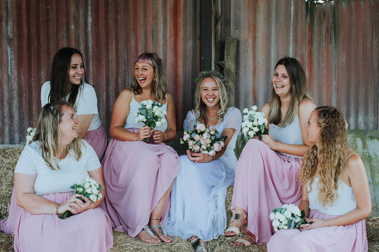 Bridesmaids Pink Skirts White Tops Flowers Bouquets Rustic Homespun Country Chapel Barn Wedding Sussex http://www.olegssamsonovsphotography.com/