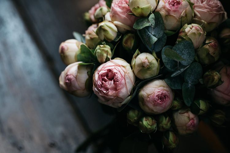 Pink Piano Rose Bouquet Flowers Bride Bridal Eucalyptus Rustic Homespun Country Chapel Barn Wedding Sussex http://www.olegssamsonovsphotography.com/
