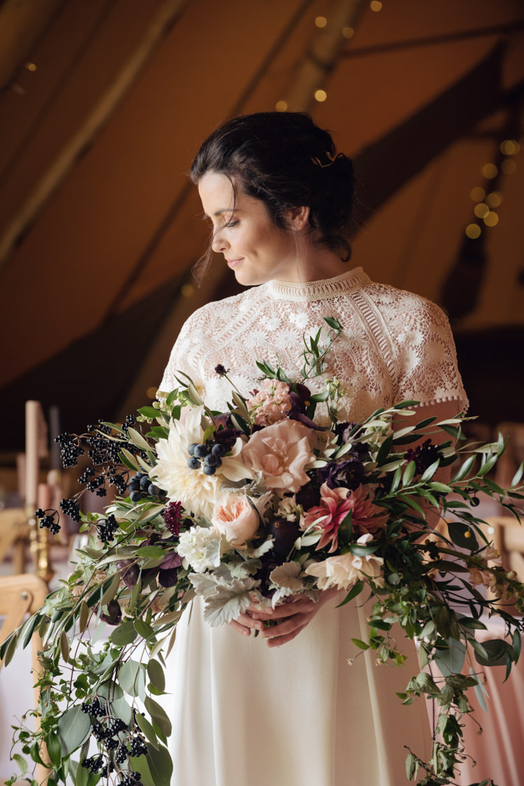 Ruscus Greenery Foliage Berries Fruit Dahlia David Austin Roses Flowers Bouquet Bride Bridal Pretty Blush Floral Tipi Wedding Ideas https://www.sarahvivienne.co.uk/