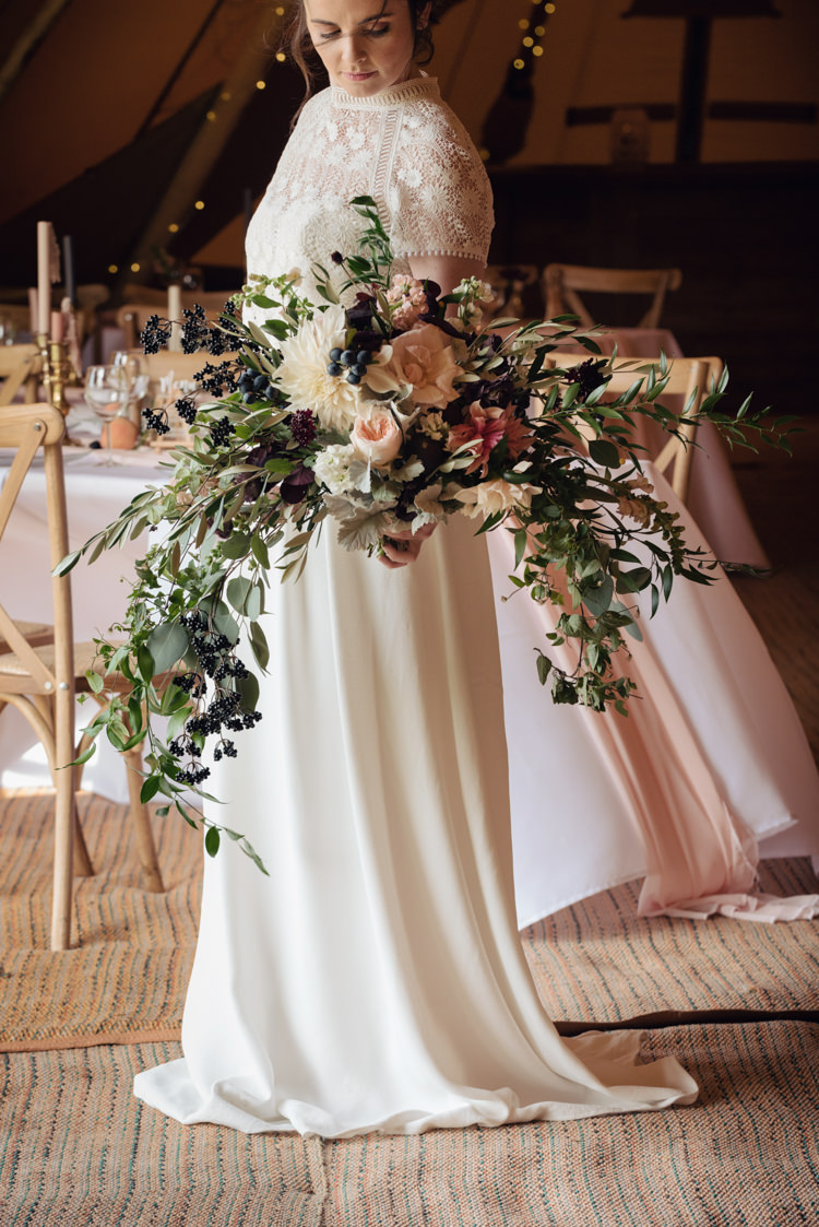 Ruscus Greenery Foliage Berries Fruit Dahlia David Austin Roses Flowers Bouquet Bride Bridal Pretty Blush Floral Tipi Wedding Ideas https://www.sarahvivienne.co.uk/