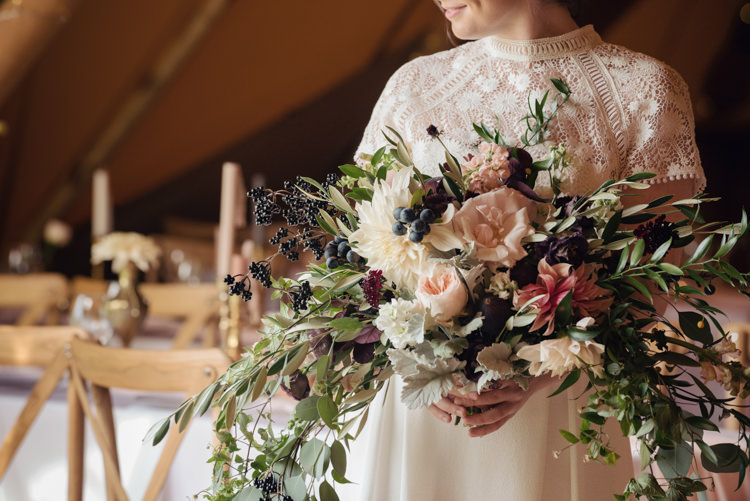 Ruscus Greenery Foliage Berries Fruit Dahlia David Austin Roses Flowers Bouquet Bride Bridal Pretty Blush Floral Tipi Wedding Ideas https://www.sarahvivienne.co.uk/