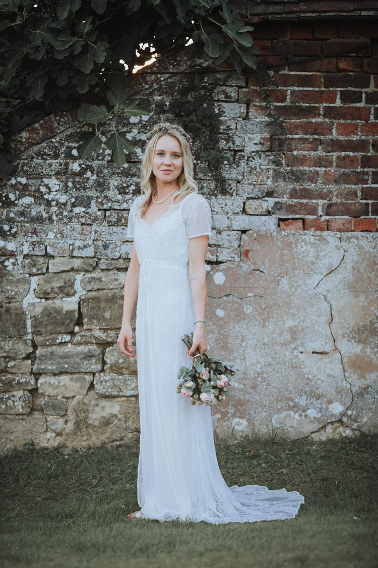 1970s Vintage Dress Bride Bridal Lace Sleeves Buttons Rustic Homespun Country Chapel Barn Wedding Sussex http://www.olegssamsonovsphotography.com/