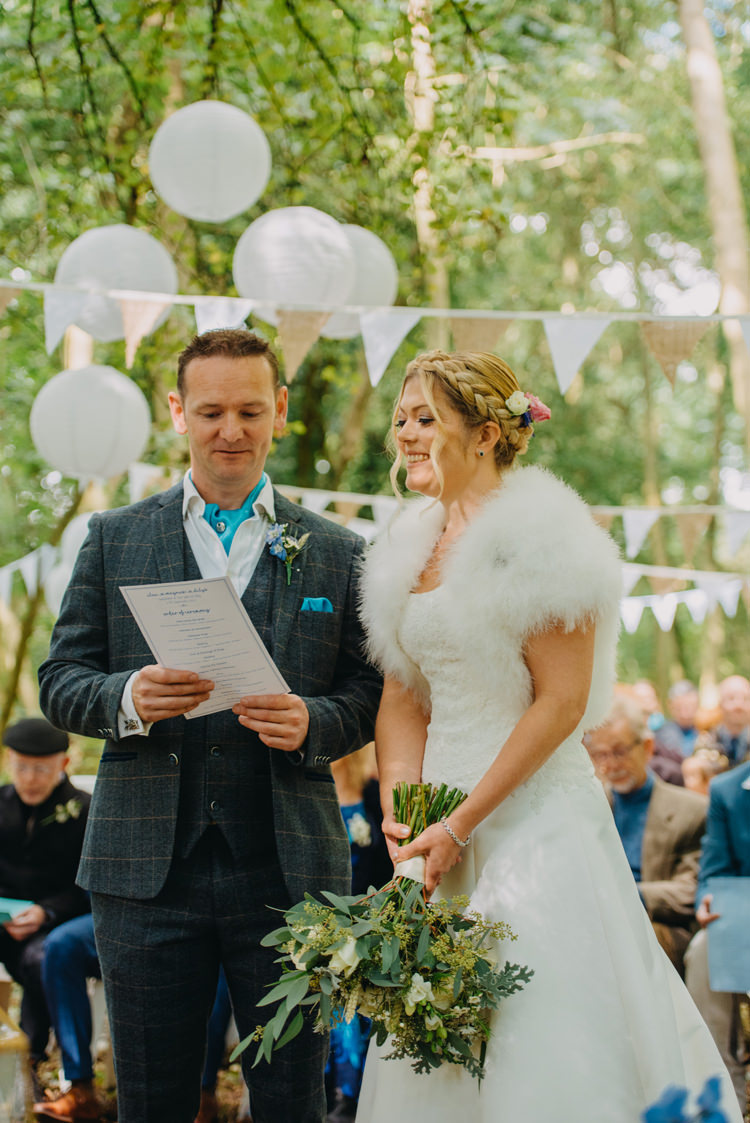 Bride Bridal Gown Dress Bolero Strapless Halo Braid Hairstyle Blue Checked Groom Cravat Three Piece Waistcoat Magical Woodland Family Wedding http://photographybyclare.co.uk/