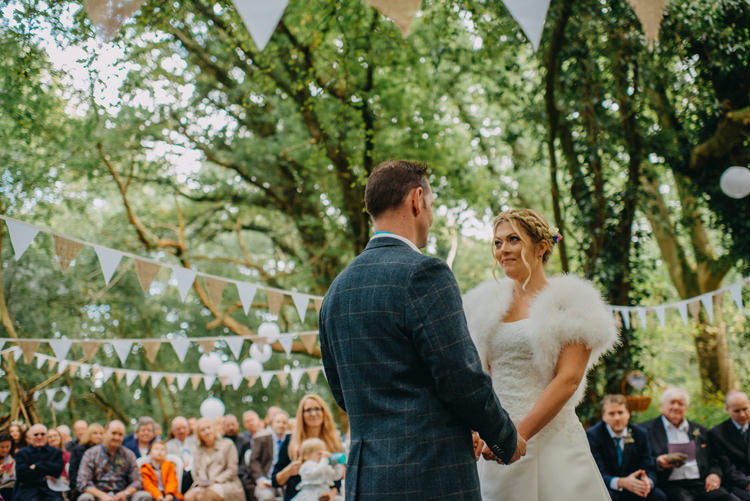 Bride Bridal Gown Dress Bolero Strapless Halo Braid Hairstyle Blue Checked Groom Cravat Three Piece Waistcoat Bunting Paper Lanterns Magical Woodland Family Wedding http://photographybyclare.co.uk/