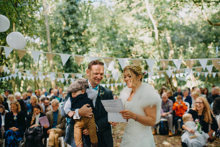 Bride Bridal Gown Dress Bolero Strapless Halo Braid Hairstyle Blue Checked Groom Cravat Three Piece Waistcoat Magical Woodland Family Wedding http://photographybyclare.co.uk/
