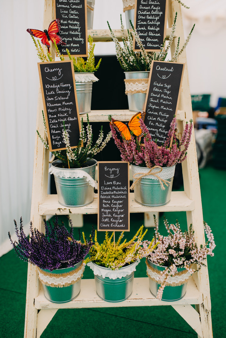 Table Plan Seating Chart Mini Blackboards Steel Buckets Tin Plants Stepladder Magical Woodland Family Wedding http://photographybyclare.co.uk/