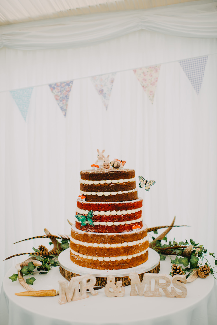 Naked Cake Sylvanian Families Topper Buttercream Wood Slice Mr & Mrs Feather Foliage Greenery Magical Woodland Family Wedding http://photographybyclare.co.uk/