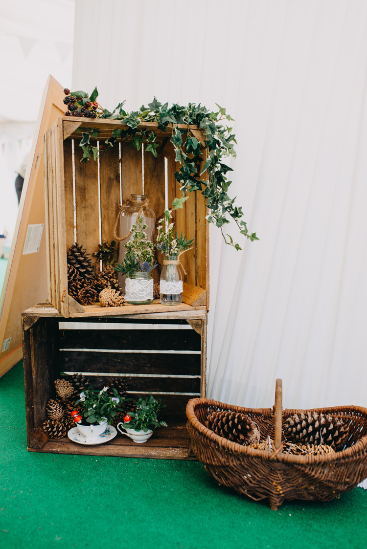 Wooden Crates Pine Cone Ivy Jars Lace Twine Magical Woodland Family Wedding http://photographybyclare.co.uk/