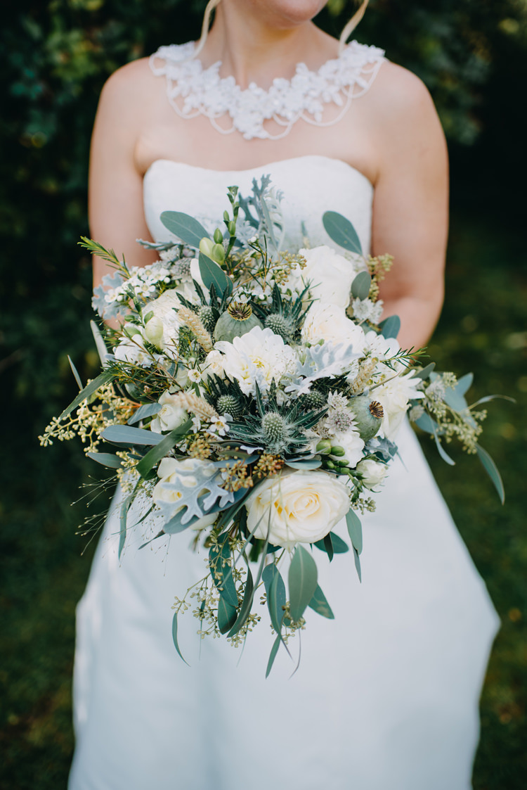 Bride Bridal Bouquet Dress Gown White Flowers Floral Greenery Thistle Magical Woodland Family Wedding http://photographybyclare.co.uk/