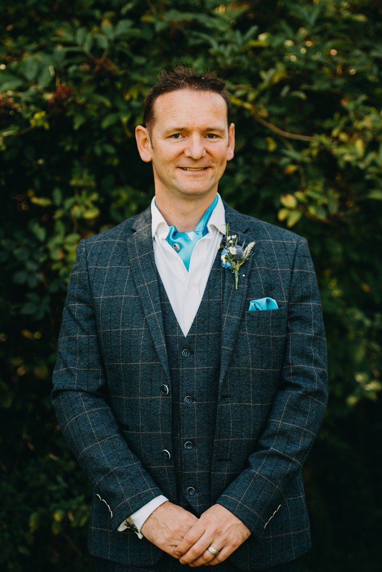 Blue Checked Three Piece Suit Groom Cravat Waistcoat Magical Woodland Family Wedding http://photographybyclare.co.uk/