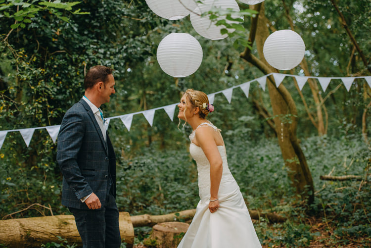 Bride Bridal Gown Dress Bolero Strapless Halo Braid Hairstyle Blue Checked Groom Cravat Three Piece Waistcoat Magical Woodland Family Wedding http://photographybyclare.co.uk/