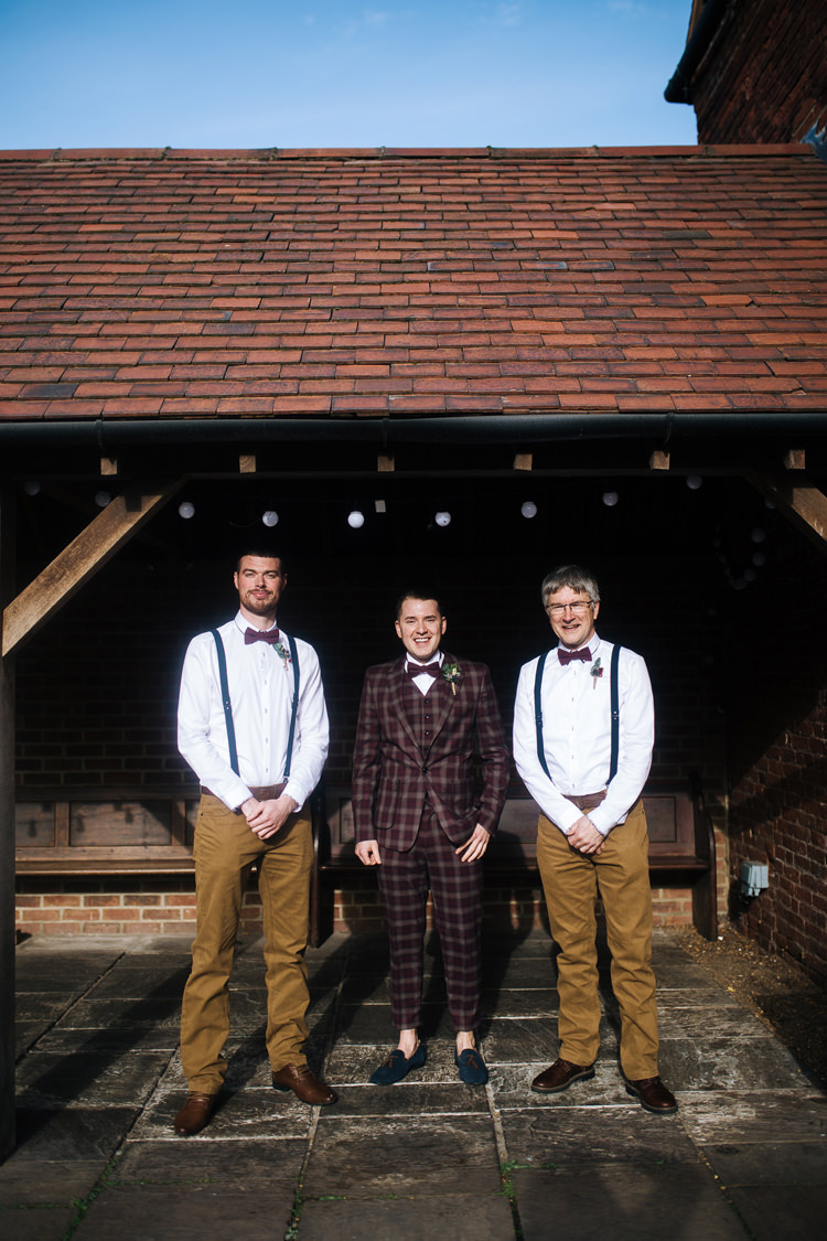 Groomsmen Bow Tie Braces Trouser Check Suit Groom Autumn Packington Moor Wedding Staffordshire Farm Barn Burgundy http://kathrynedwardsphotography.com/