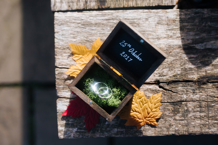 Wooden Ring Box Moss Autumn Packington Moor Wedding Staffordshire Farm Barn Burgundy http://kathrynedwardsphotography.com/