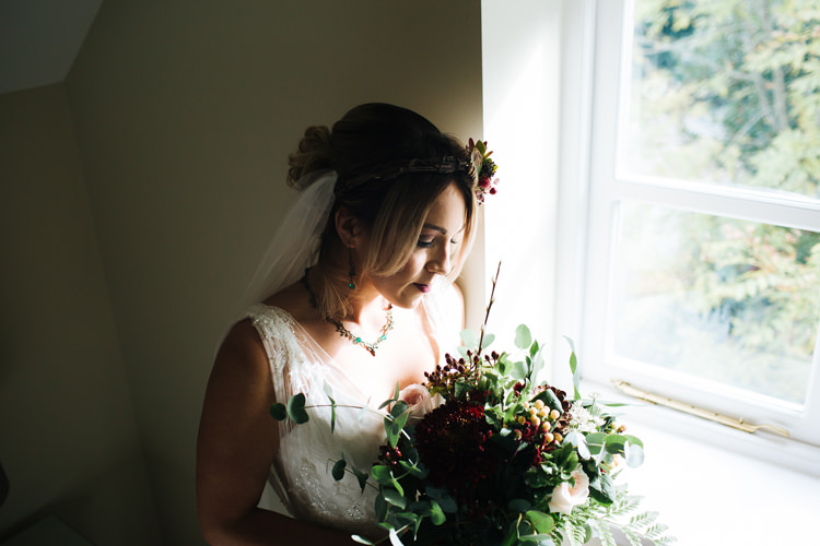 Bride Bridal Hair Flowers Veil Autumn Packington Moor Wedding Staffordshire Farm Barn Burgundy http://kathrynedwardsphotography.com/