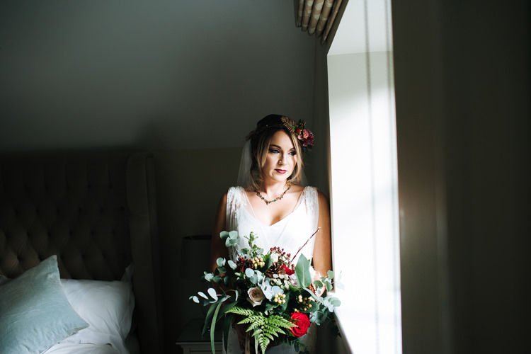 Bride Bridal Flowers Bouquet Ferns Roses Autumn Packington Moor Wedding Staffordshire Farm Barn Burgundy http://kathrynedwardsphotography.com/