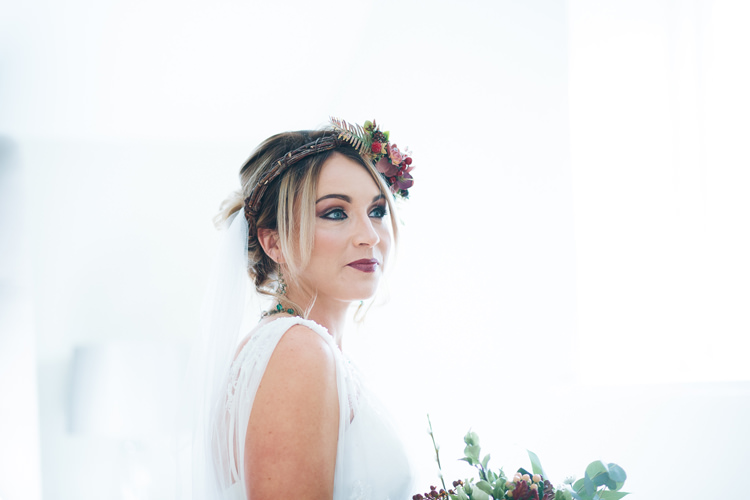 Flower Crown Bride Bridal Autumn Packington Moor Wedding Staffordshire Farm Barn Burgundy http://kathrynedwardsphotography.com/