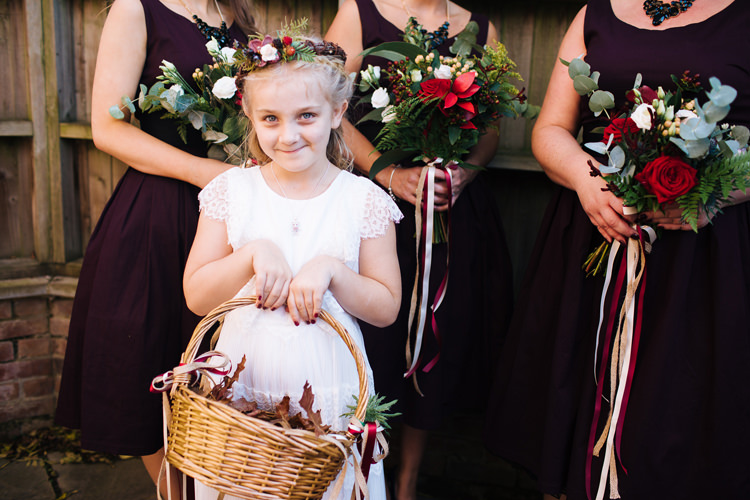Flower Girl Crown Basket Autumn Packington Moor Wedding Staffordshire Farm Barn Burgundy http://kathrynedwardsphotography.com/
