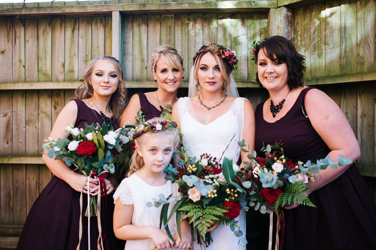 Bridesmaid Dresses Flowers Autumn Packington Moor Wedding Staffordshire Farm Barn Burgundy http://kathrynedwardsphotography.com/