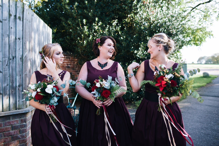 Bridesmaid Dresses Bouquets Ribbons Autumn Packington Moor Wedding Staffordshire Farm Barn Burgundy http://kathrynedwardsphotography.com/