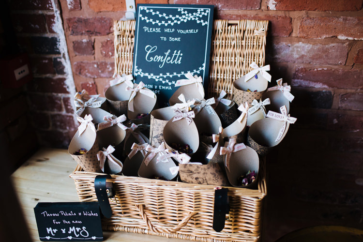 Confetti Cones Basket Autumn Packington Moor Wedding Staffordshire Farm Barn Burgundy http://kathrynedwardsphotography.com/